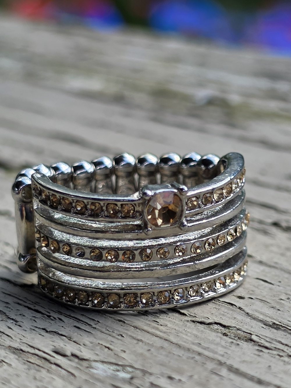 paparazzi Silver-Tone Stretch Ring with Champagne Crystals J11